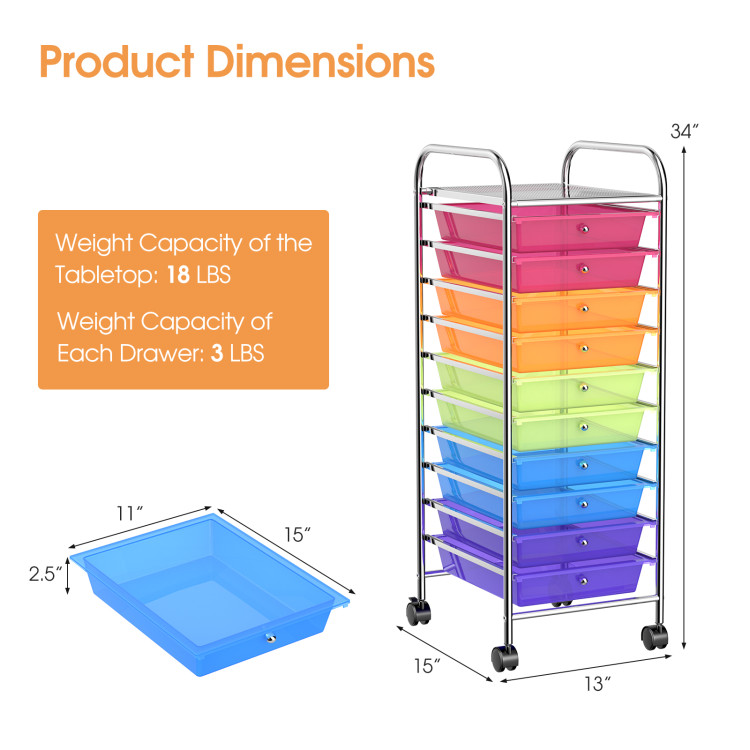 10 Drawer Rolling Storage Cart Organizer with 4 Universal Casters-Color - Gallery View 5 of 11